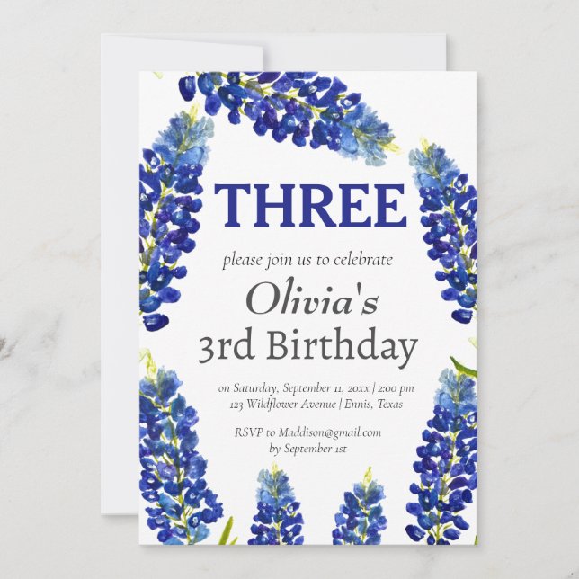 Bluebonnets 3rd Third Birthday Blue Floral  Invitation (Front)