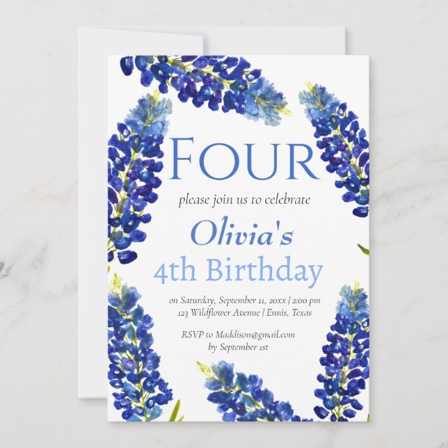 Bluebonnets 4th Birthday Blue Girl Floral  Invitation (Front)