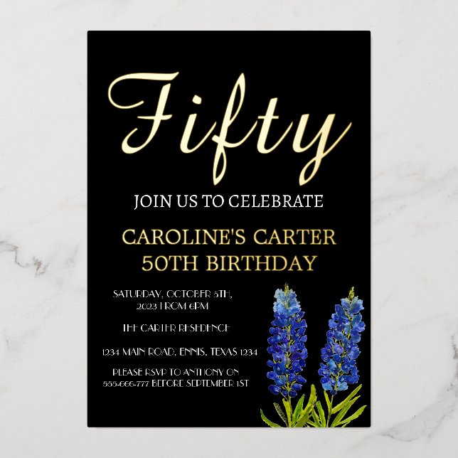 Bluebonnets 50th Birthday Blue Gold Chic Glam (Front)