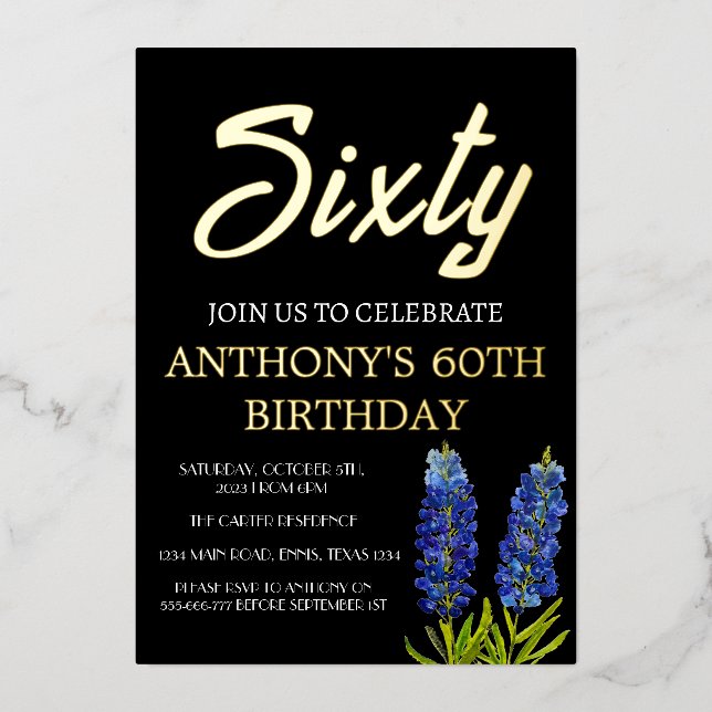 Bluebonnets 60th Birthday Black Gold Foil Texas (Front)