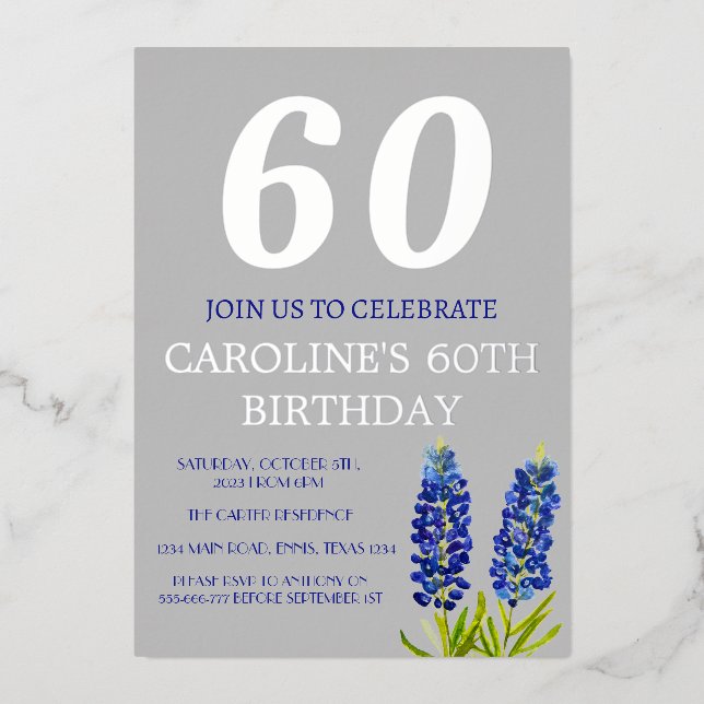 Bluebonnets 60th Birthday Blue Floral Texas Gold (Front)