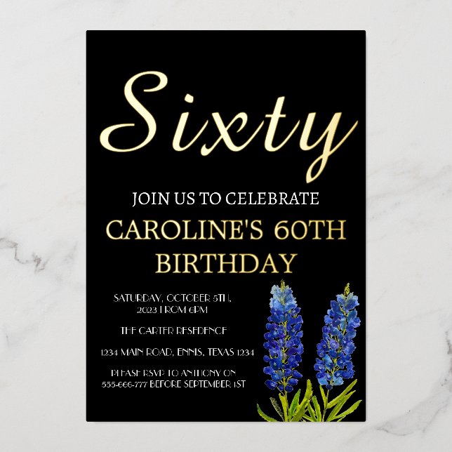 Bluebonnets 60th Birthday Blue Gold Chic Glam (Front)