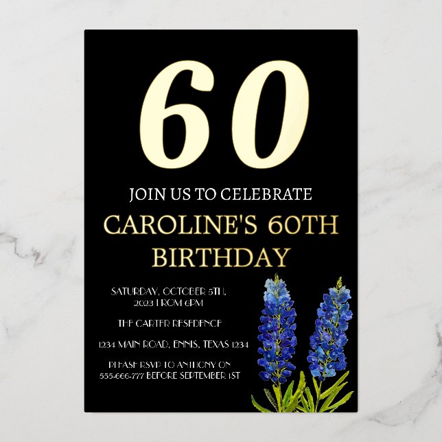 Bluebonnets 60th Birthday Blue Gold Chic Glam (Front)