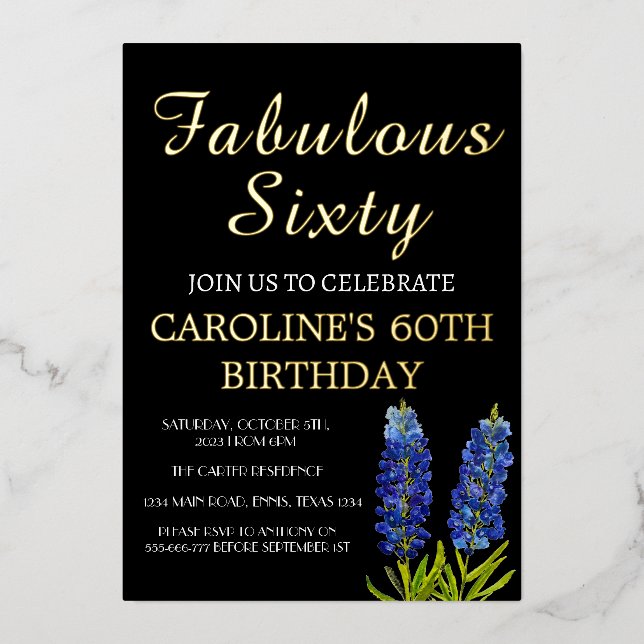 Bluebonnets 60th Birthday Blue Gold Chic Glam (Front)