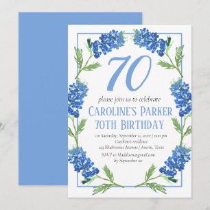 Bluebonnets 70th Birthday Blue Floral Texas Invitation