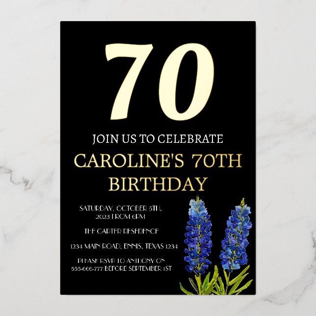 Bluebonnets 70th Birthday Blue Gold Chic Glam (Front)