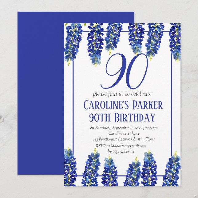 Bluebonnets 90th Birthday Blue Floral Texas Invitation (Front/Back)