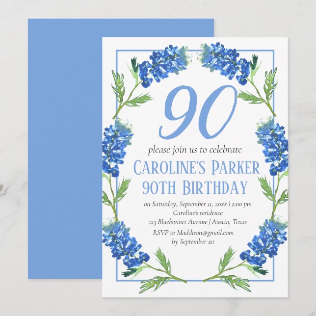 Bluebonnets 90th Birthday Blue Floral Texas Invitation (Front/Back)