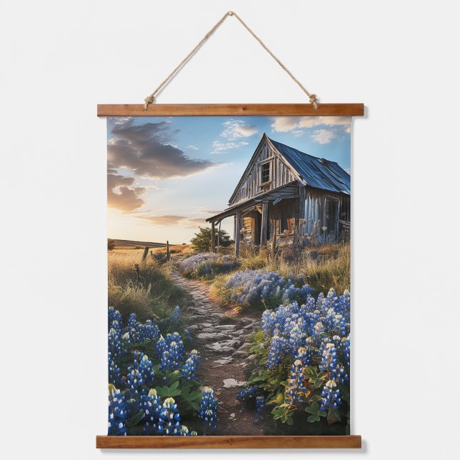 Bluebonnets and Old Barn in Texas Decoupage Hanging Tapestry (Front)
