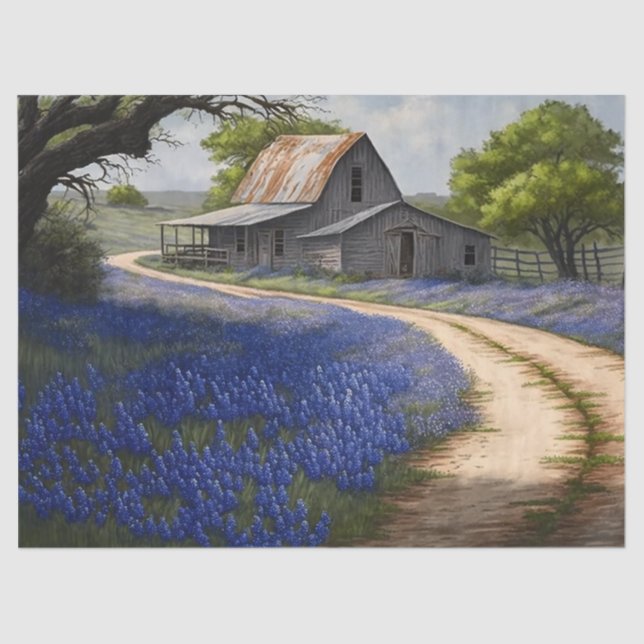 Bluebonnets and Old Barn in Texas Decoupage Tissue Paper (Front)