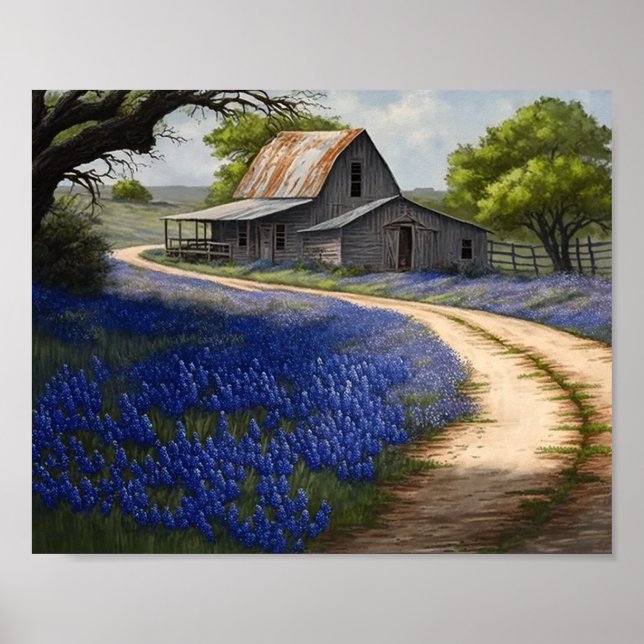 Bluebonnets and Old Barn in Texas Poster (Front)