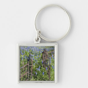 Bluebonnets and phlox surrounding cemetery gate key ring