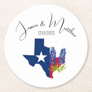 Bluebonnets Blue floral Boho Watercolor Weddings Round Paper Coaster