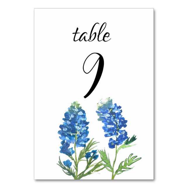 Bluebonnets Blue Floral Texas Flowers Wedding Table Number (Front)