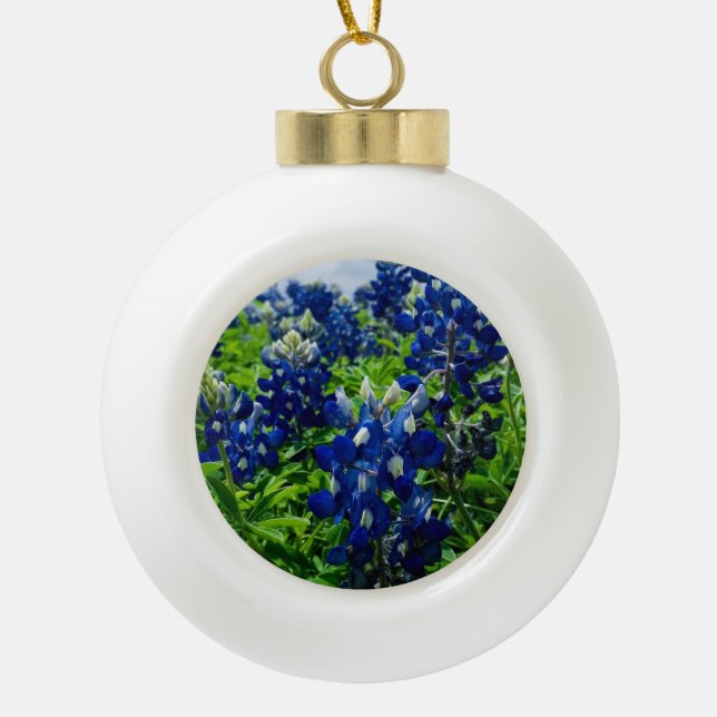 Bluebonnets Blue Floral Texas Texan Elegant Ceramic Ball Christmas Ornament (Front)