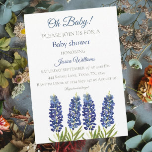 Bluebonnets Blue Floral Watercolor Texas Baby boy Invitation