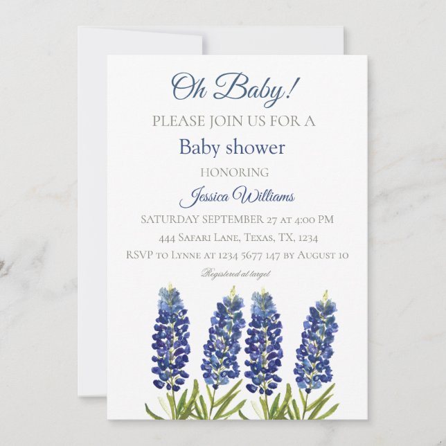 Bluebonnets Blue Floral Watercolor Texas Baby boy Invitation (Front)