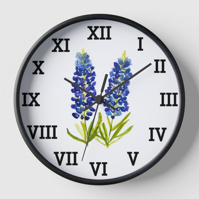 Bluebonnets Blue Floral Watercolor Texas Clock (Front)