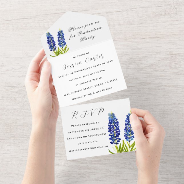 Bluebonnets Blue Wildflower Floral Lupin All In One Invitation (Tearaway)