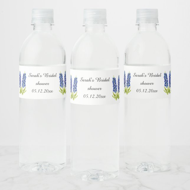 Bluebonnets Bridal Shower Blue Floral Wedding Water Bottle Label (Bottles)
