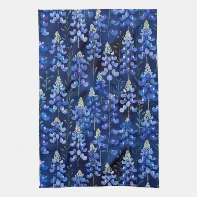Bluebonnets - Dark Blue Texas Flowers Tea Towel (Vertical)