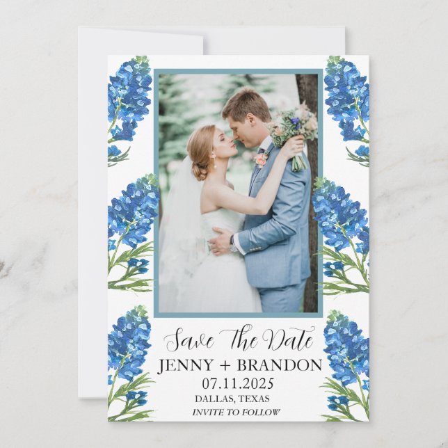 Bluebonnets Elegant Modern Blue Floral Photo  Save The Date (Front)
