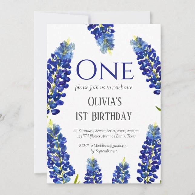 Bluebonnets First Birthday Blue Floral Birthday  Invitation (Front)
