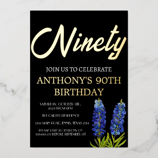 Bluebonnets Floral 90th Birthday Black Gold Texas (Front)