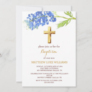 Bluebonnets Floral Gold Wildflower Cross Baptism Invitation