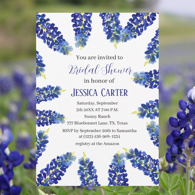 Bluebonnets Floral Watercolor Boho Bridal Shower  Invitation (Creator Uploaded)