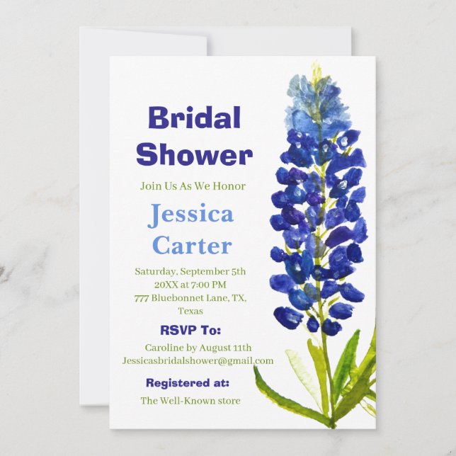 Bluebonnets Floral Watercolor Boho Bridal Shower  Invitation (Front)