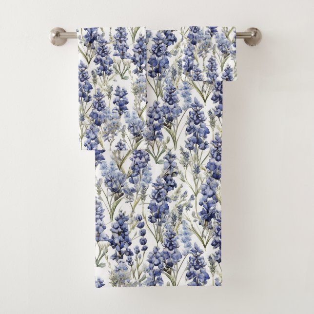 Bluebonnets Flowers Blue Watercolor Wildflowers Bath Towel Set (Insitu)
