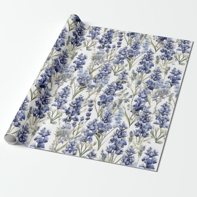 Bluebonnets Flowers Blue Watercolor Wildflowers Wrapping Paper (Unrolled)