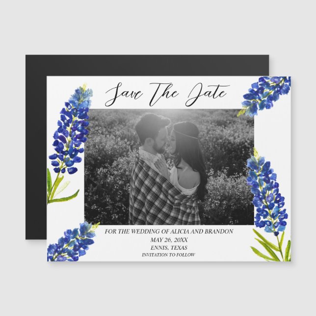 Bluebonnets Photo Wedding Spring Script Magnet (Front/Back)