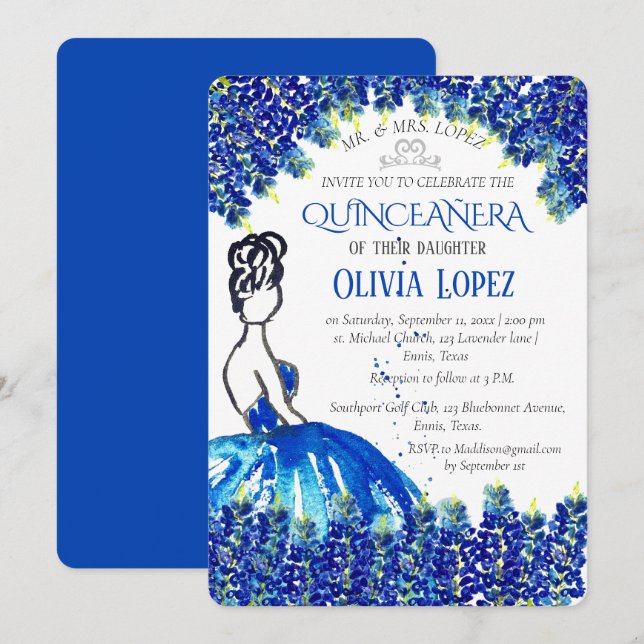 Bluebonnets Quinceañera Blue Floral Birthday  Invitation (Front/Back)