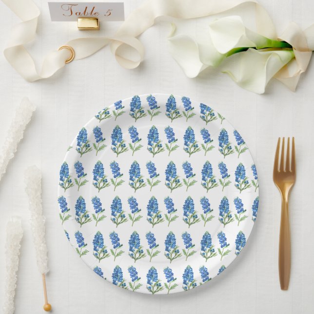 Bluebonnets Texas Blue Flowers Watercolor Paper Plate (Wedding)