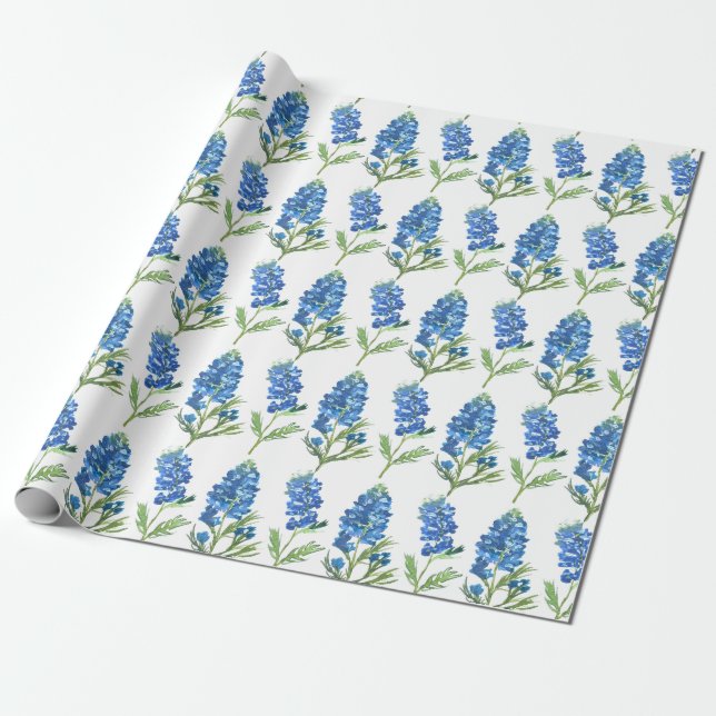 Bluebonnets Texas Blue Flowers Watercolor Wrapping Paper (Unrolled)