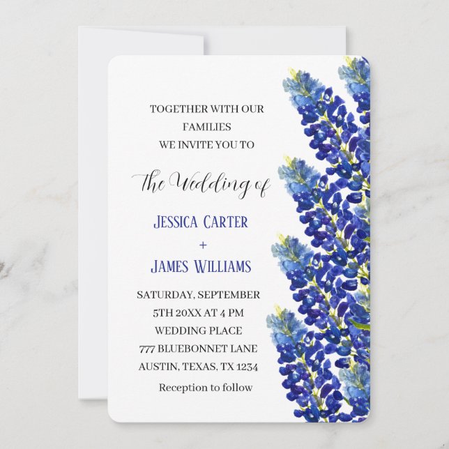 Bluebonnets Texas Blue Watercolor Floral Wedding Invitation (Front)