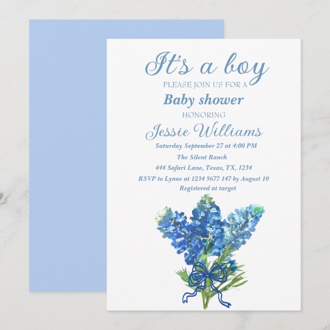 Bluebonnets Texas Floral Blue Bow Baby boy shower  Invitation (Front/Back)
