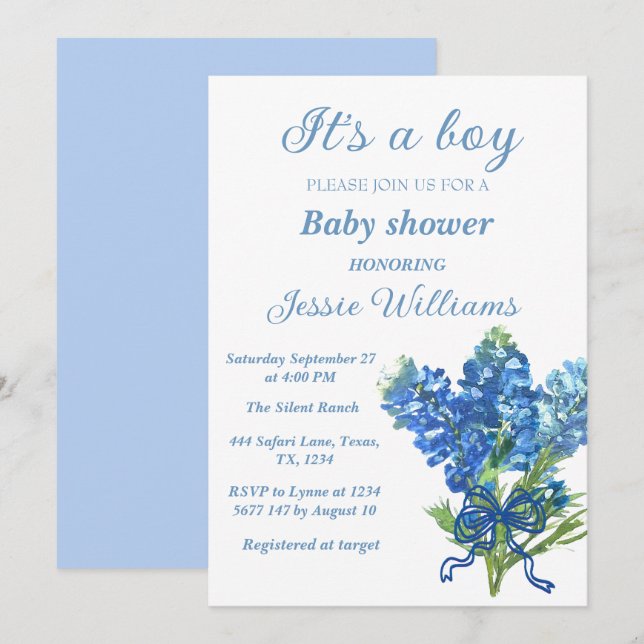 Bluebonnets Texas Floral Rustic Baby boy shower  Invitation (Front/Back)
