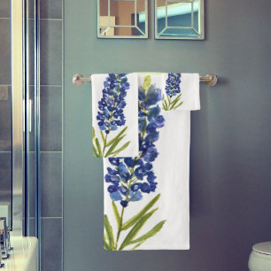 Bluebonnets Texas State Blue Flowers Watercolor Bath Towel Set