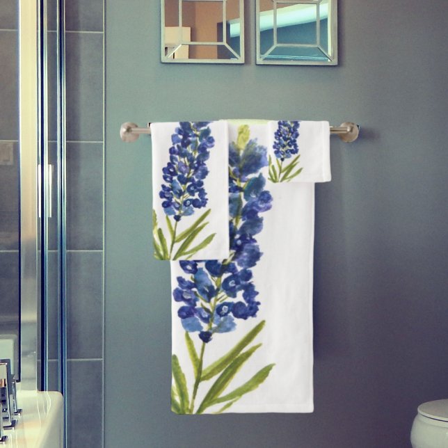 Bluebonnets Texas State Blue Flowers Watercolor Bath Towel Set (Creator Uploaded)