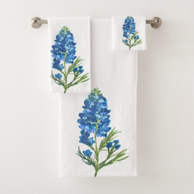 Bluebonnets Texas State Blue Flowers Watercolor Bath Towel Set (Insitu)
