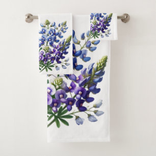 Bluebonnets Texas State Blue Flowers Watercolor Bath Towel Set