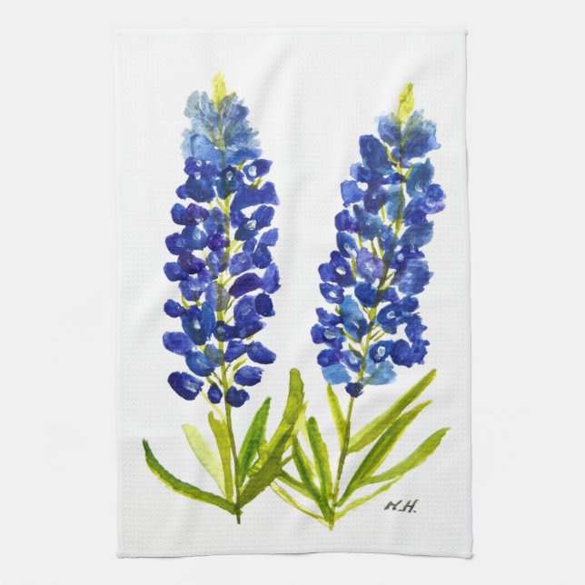 Bluebonnets Texas State Flowers Lupine Watercolor Tea Towel (Vertical)