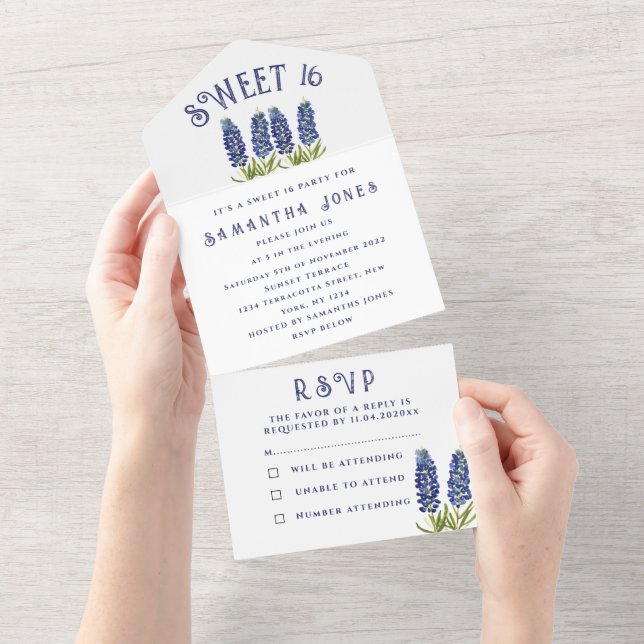 Bluebonnets Texas Wildflowers Sweet 16 Sixteen All In One Invitation (Tearaway)