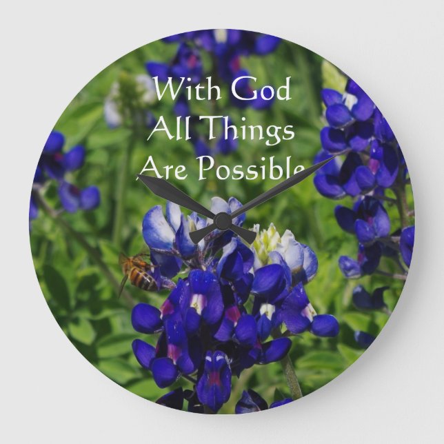 Bluebonnets With God All Things Are Possible Large Clock (Front)