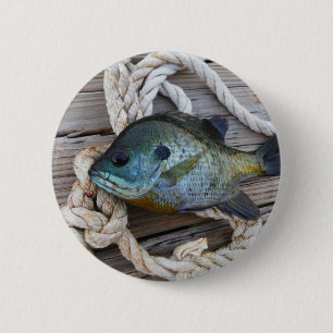 Bluegill fish on dock and rope 6 cm round badge