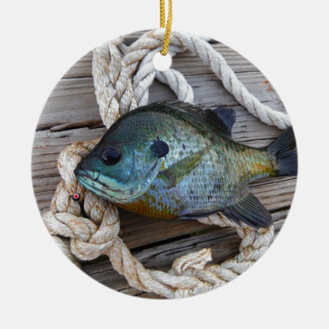 Bluegill fish on dock and rope ceramic tree decoration (Front)