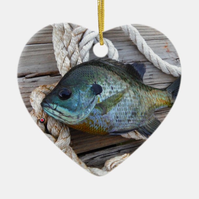 Bluegill fish on dock and rope ceramic tree decoration (Front)
